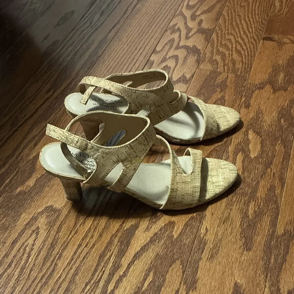 Kim Rogers Cork Strappy Buckle Comfort Open Toe Heels Beige Womens 7.5M